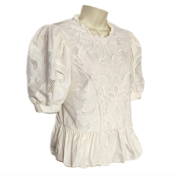 Express Ruffle And Lace Puff Sleeve Blouse Cream Size L - Picture 1 of 14